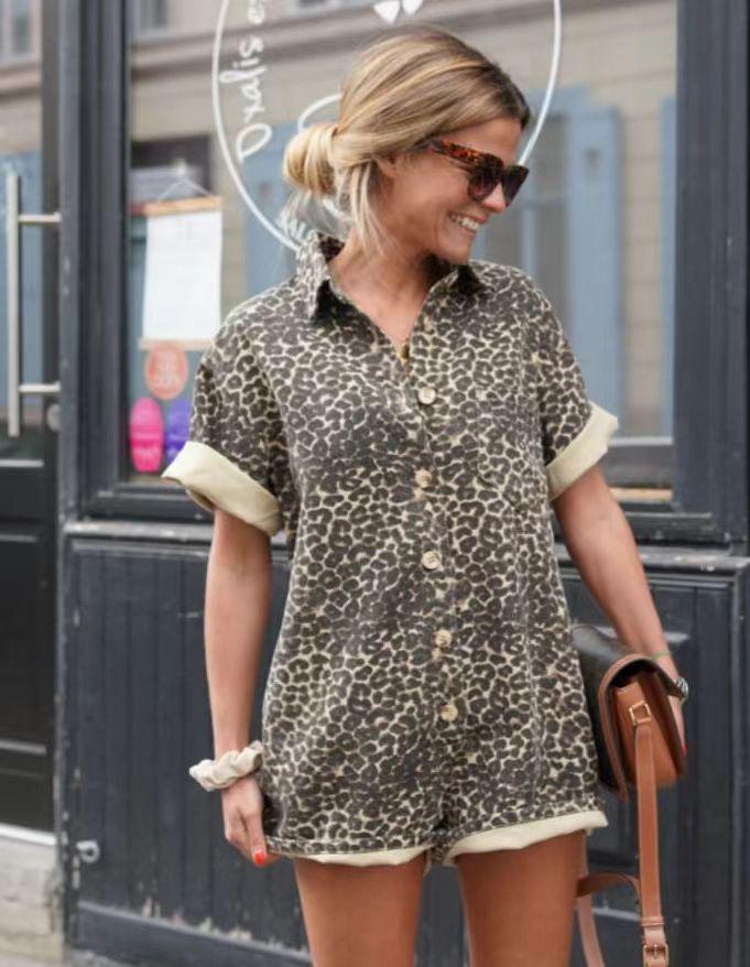 Printed Holiday Lapel Shirt and Shorts Jumpsuit for Women