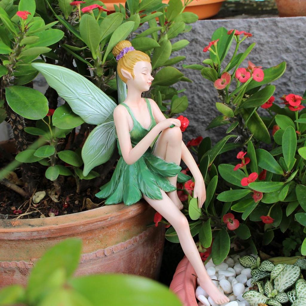Fee Hars Beeldje, Zittend Elf Figuurtje, Tuin Bloempot Rand Ornament, Landschap Ambacht Decoratie
