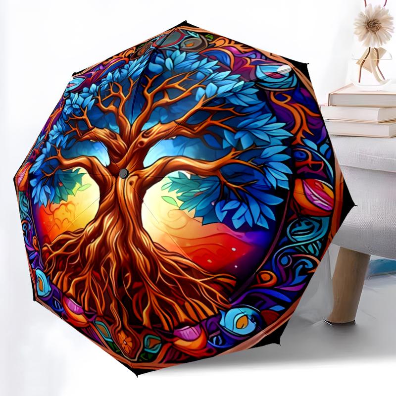 

1pc Sturdy 8-Bone Auto Umbrella, Tree of Life Umbrella, Digital Printed, Foldable Umbrella for On-the-Go Outdoor Use