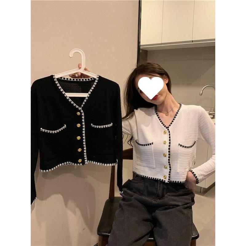 Xiaoxiang Style Collar Long-sleeved Knitted Cardigan Women's New Korean Style Loose Foreign Style Versatile Thin Jacket