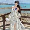 French High-end Island Beautiful Vacation Neck Sling Dress Women's Irregular Ruffle Edge Backless Dress