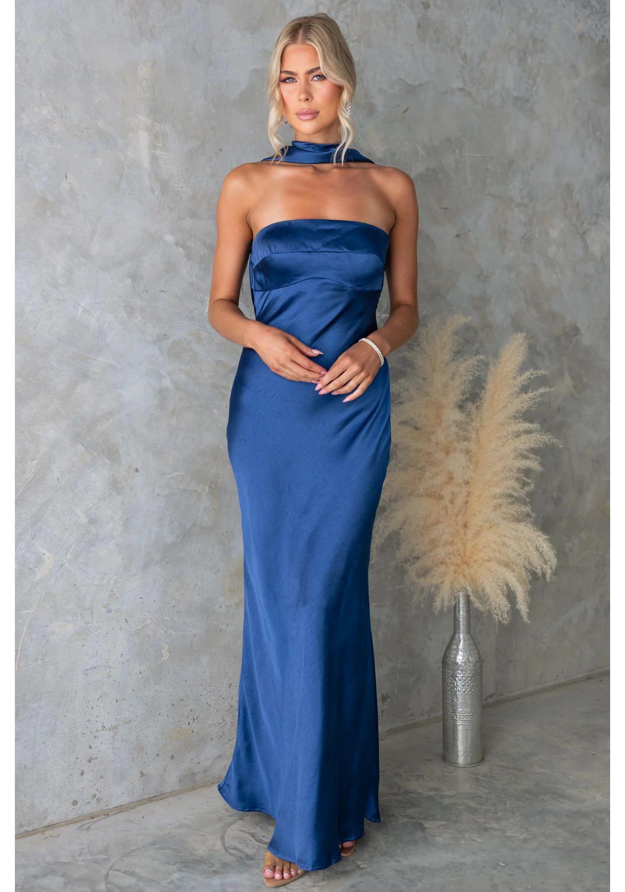 Summer Sexy Halter Neck Satin Long Dress for Women XL синий