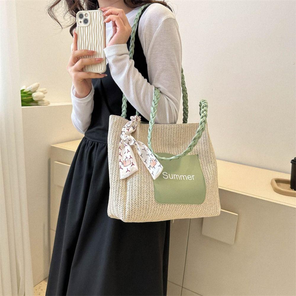 Solid Color Beach Shoulder Bag Balletcore Women Handbag Fashion Straw Woven Tote Bag  Ladies