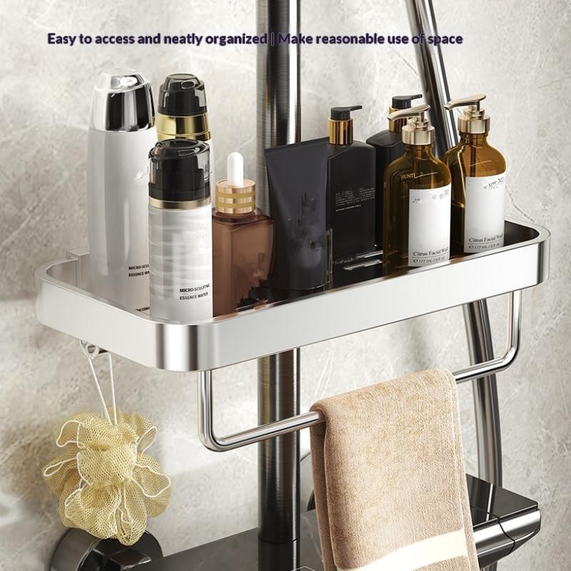 Punch-Free Shower Caddy With Towel Rod Bathroom Shelf Shampoo Soap Holder Shower Tray For Toilet Bathroom Organizer