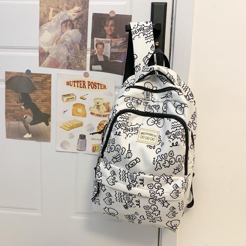 Japanese Small Fresh Personality Graffiti Junior High School Student Schoolbag Women'S Large Capacity Casual Strawberry Bear Printed Backpack