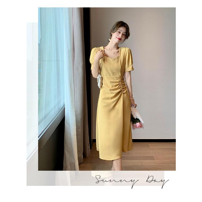 Vestido de verano de Color liso, elegante, con cuello cuadrado, cintura plisada, ajustado, manga de burbuja, vestido de moda