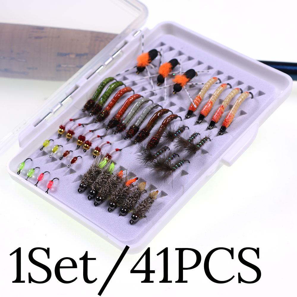 ICERIO 41PCS Fly Fishing Flies Kit, Wet/Dry Nymph/Beadhead Flies with Box, Trout Bass Salmon Fishing Lures Set for Freshwater Stream