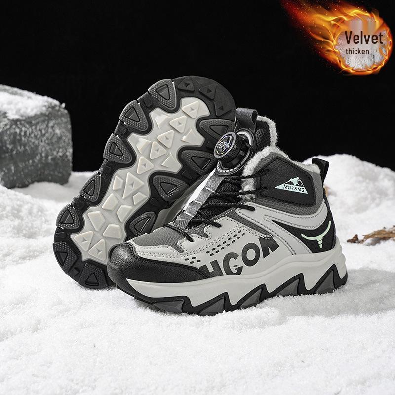 Pink Fleece-Lined High-Top Cotton Winter Boots with Rotary Laces for Older Children