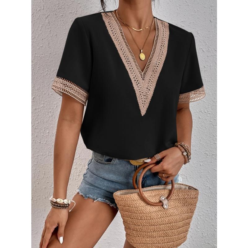2Wish Women's Collar Lace Loose Top Commuter Short Sleeve Shirt Women's Style