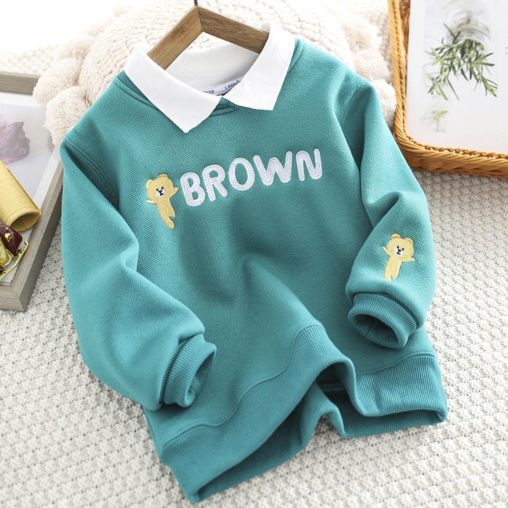 Boy's  Winter Plus Velvet Hoody Polo Shirt Long-Sleeved   Bottoming Shirt Medium and Large Children's Clothing Fake Two-Piece Top