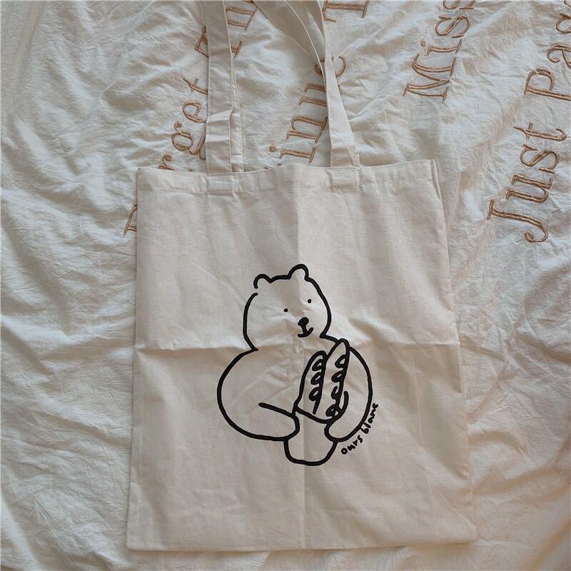 Korean Ins Niche Design Cute Cartoon Fun Pattern Thin Cotton Grey Cloth Bag Canvas Single Shoulder