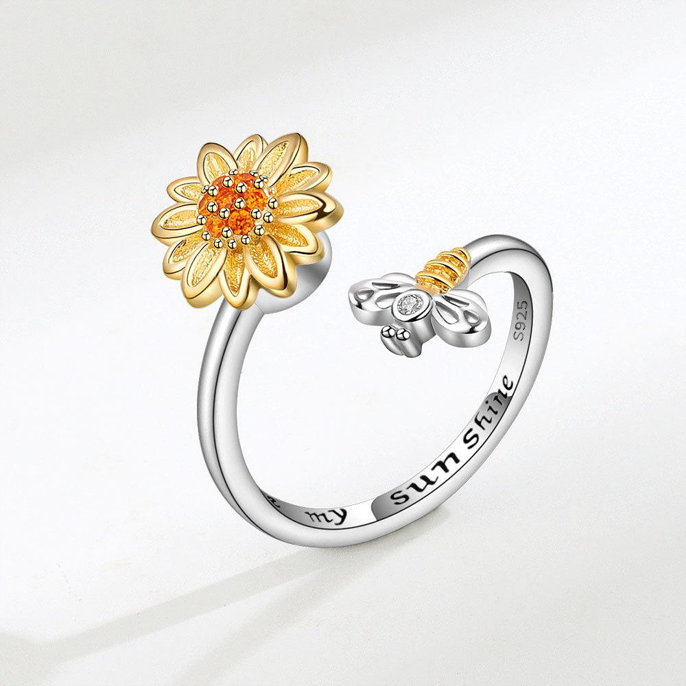 Anneaux Spinner Tourniquet Tournesol Cristal Brillant et Abeille Pour Femmes Anti Anxiété Contrôle Anti Stress Anneau Rotatif Cadeau Filles
