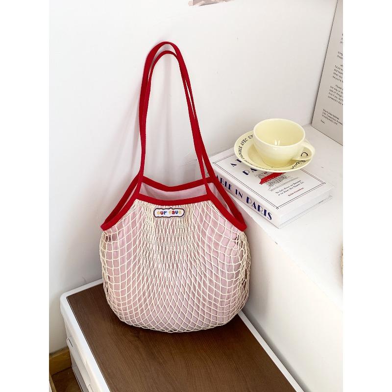 Spring Dopamine Contrasting Color Beach Bag Mesh Pocket Hollow Woven Bag Island Vacation Picnic Travel Shoulder Handbag