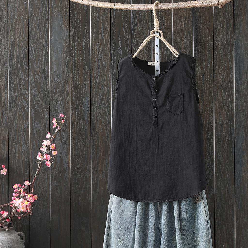 Women's Cotton Tank Tops Japan Fashion Summer Sleeveless Loose T-Shirts Tops Mori Girl Casual Button Down Shirts