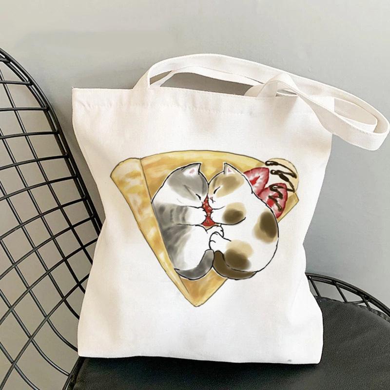 Whimsical Cat On Bicycle Canvas Shoulder Tote - Cute Print for Students and Shopping