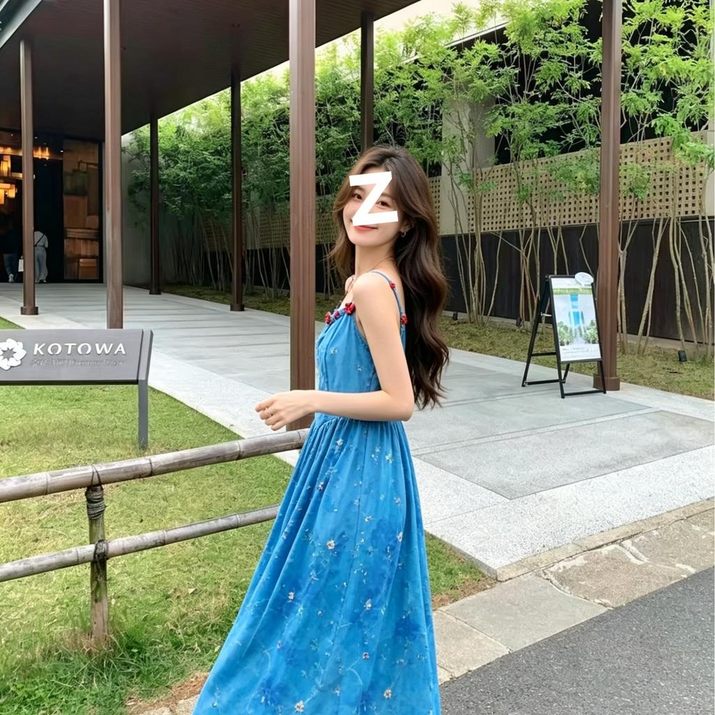 French sapphire blue long dress for women's summer waist and thin temperament elegant embroidery tie-dye suspender A-shaped skirt