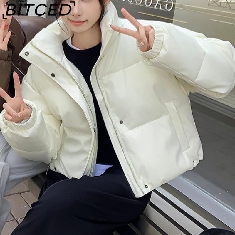 BITCED Autumn/Winter Cotton-Lined Leather Jacket for Women Stand-Up Collar Short-Length Warm Padded Coat