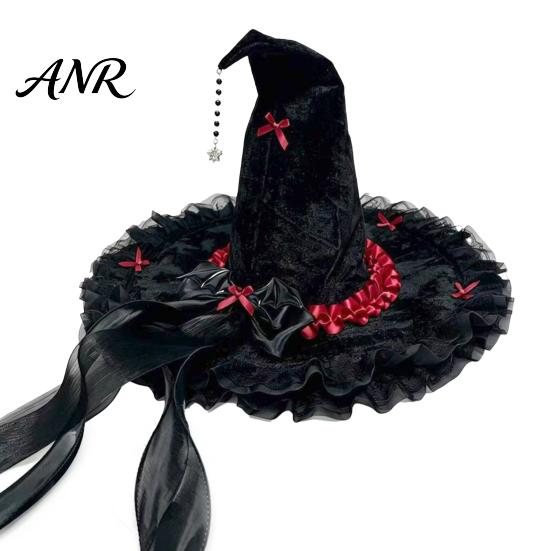 Spooky Festival Accessories Halloween Witch Hat for Women, Large Black Velvet Wizard with Party Favors Mesh Ruffle Brim Adults Costume, Cosplay