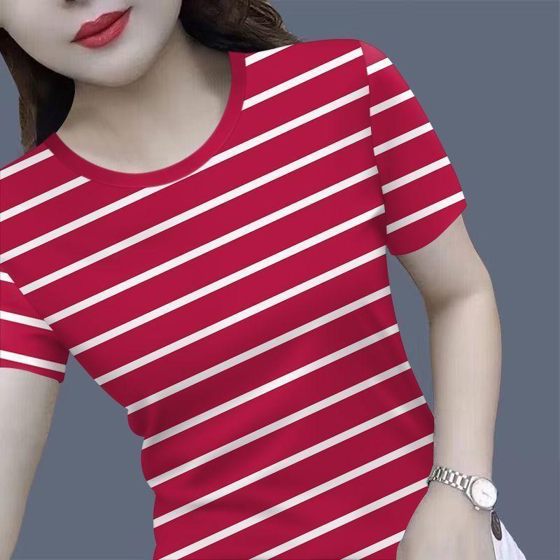 Plus Size Women's Belly-covering Black and White Striped Short-sleeved T-shirt Women's Loose New All-match Blouse Half-sleeved