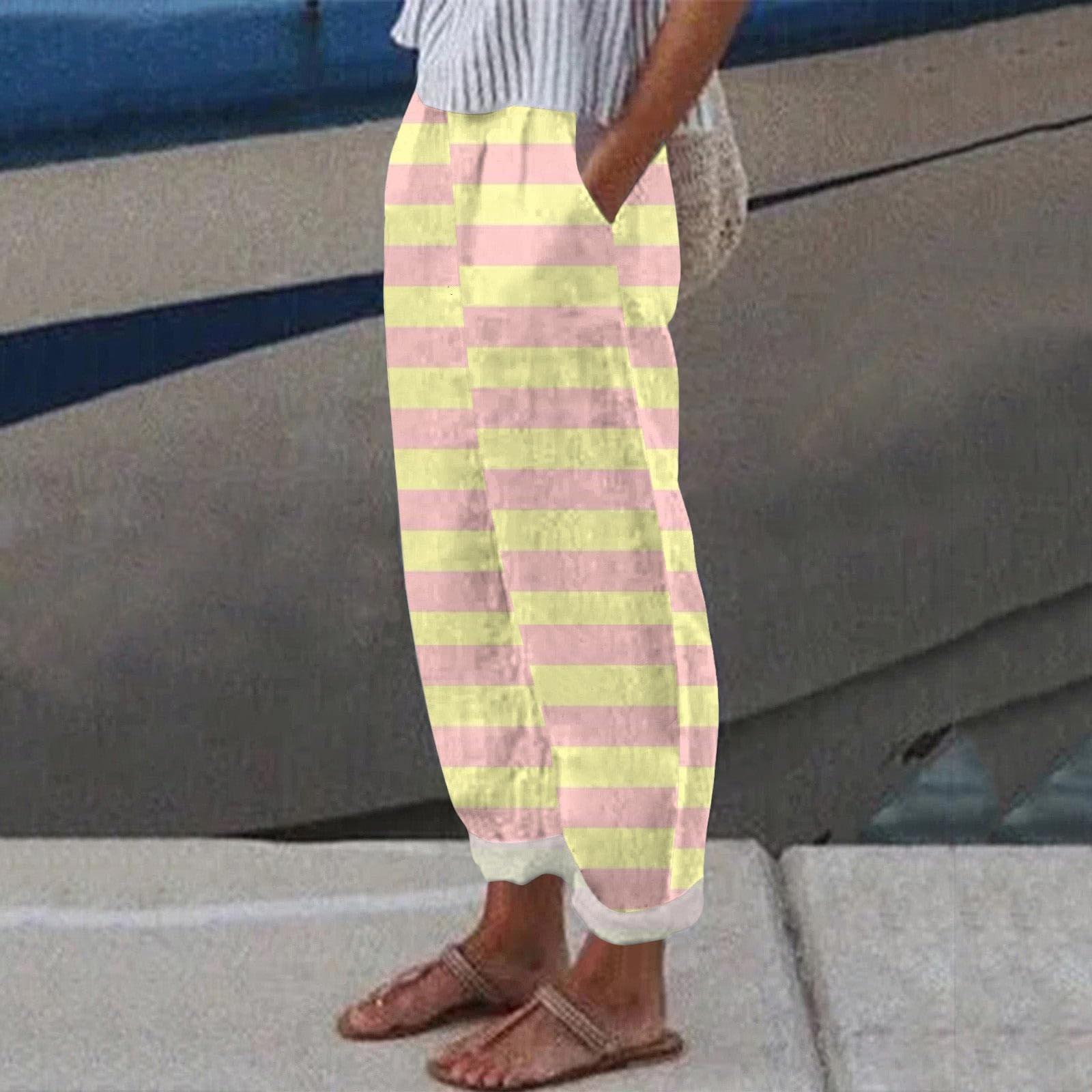 

Женские повседневные модные полосатые льняные повседневные брюки с карманами XL жёлтый