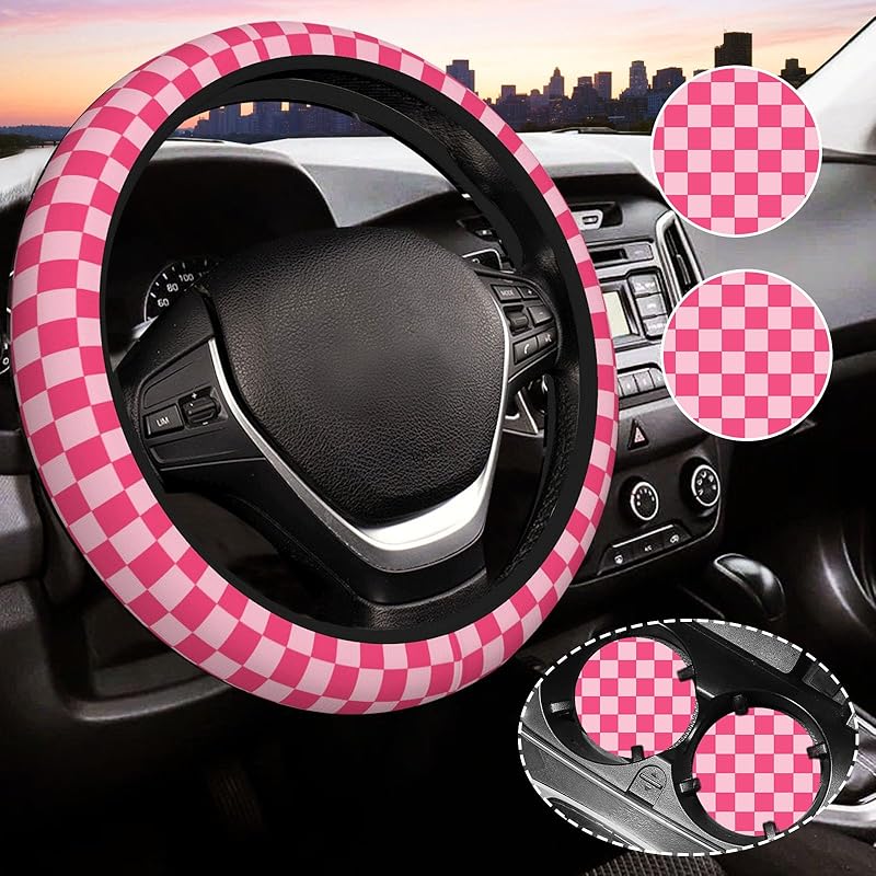 Khaki Checkered Steering Wheel Cover For Women,Universal Auto Steering Wheel 14-15 Inch Car Interior Accessories With 2PCS Car Coasters,Suitable For