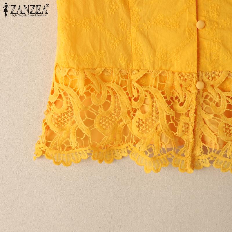 ZANZEA Dame Sommer V-hals Hul Heklet Spleis Kort Ermet Casual Bluse
