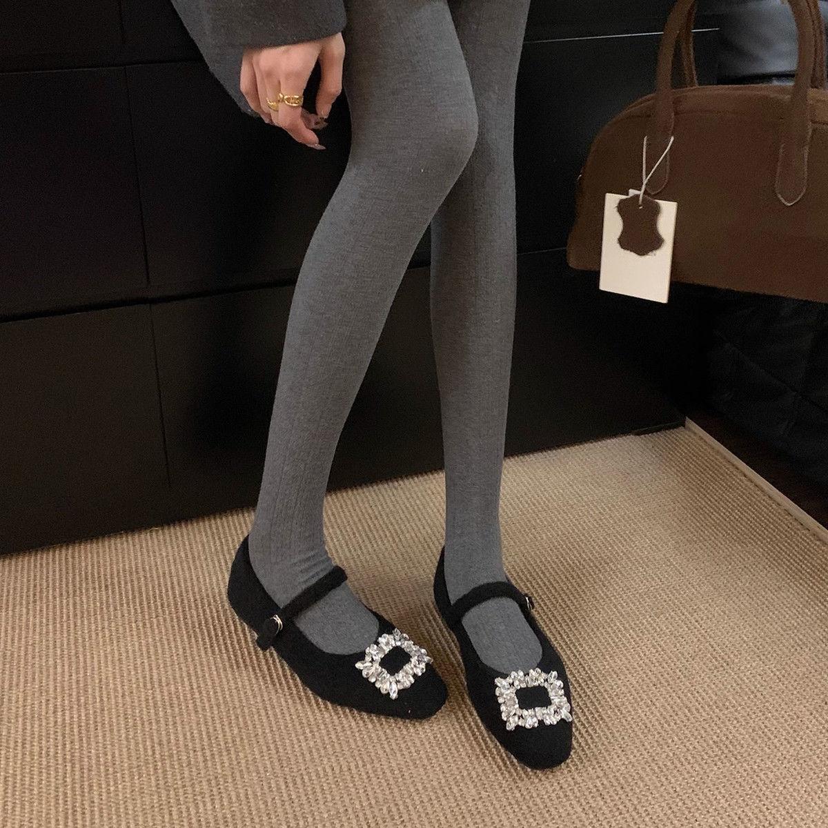 Night Mao Mao shoes temperament woolen evening wind square head elegant rhinestone Mary Jane shoes 35