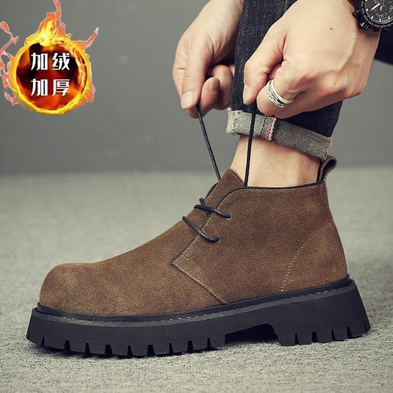 High-top leather shoes men's 2025 autumn new retro thick-soled heightened fur Martin boots genuine leather medium-top short boots