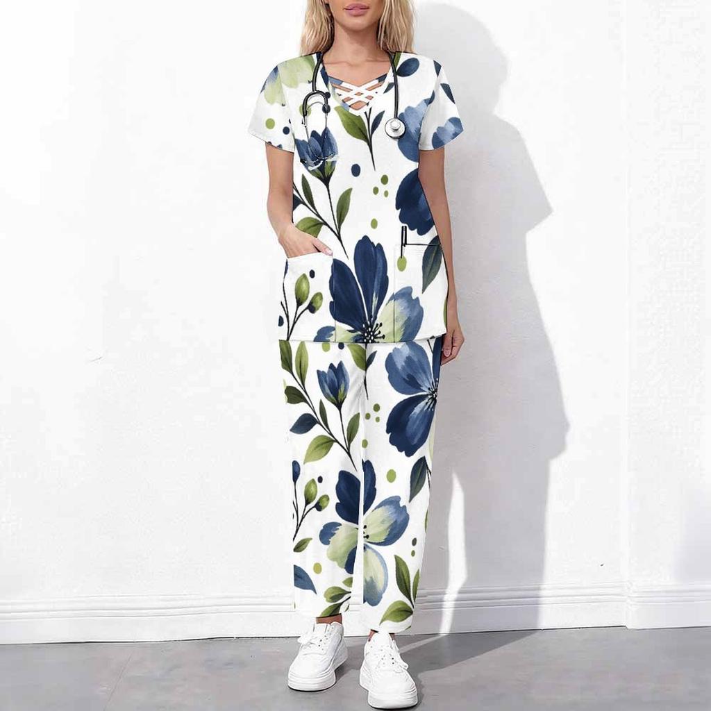 Women Plus Size Floral Printed Cutout Neck Short Sleeve Scrub Set With Pockets Top And Long Pants Two Piece