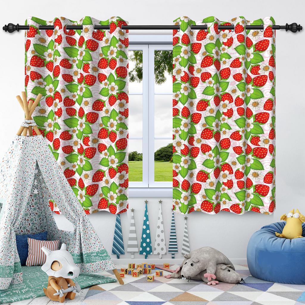 2Pcs Fruit Strawberry Window Curtain Children's Bedroom Blackout Thermal Insulated Room Darkening Noise Reduction Grommet Drapes