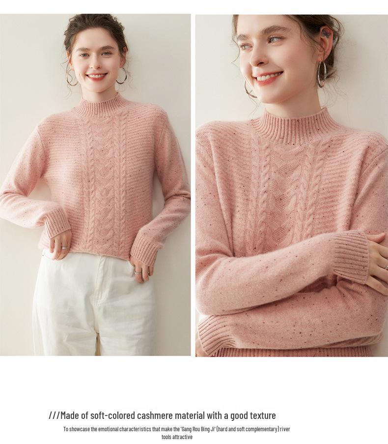 Women's Retro Jacquard Seven-Needle Cashmere Sweater - Thickened Double-Strand, Half-High Neck, Ideal Inner Layer for Autumn and Winter.