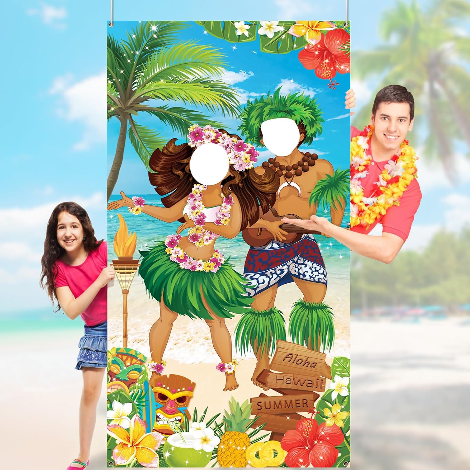 HiParty Hawaiian Luau Party Decorations, Luau Couple Photo Door Banner, Tiki Luau Photo Props for Beach Party Tiki Banner Background Photography for