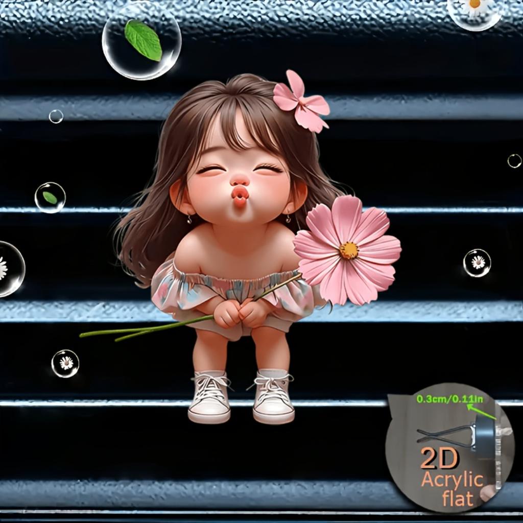 2D Platte Acryl Meisje met Roze Chrysant Geurloze Auto Ventilatierooster Diffuser Clip Met Dubbele Geurloze Sponsjes Auto Accessoire