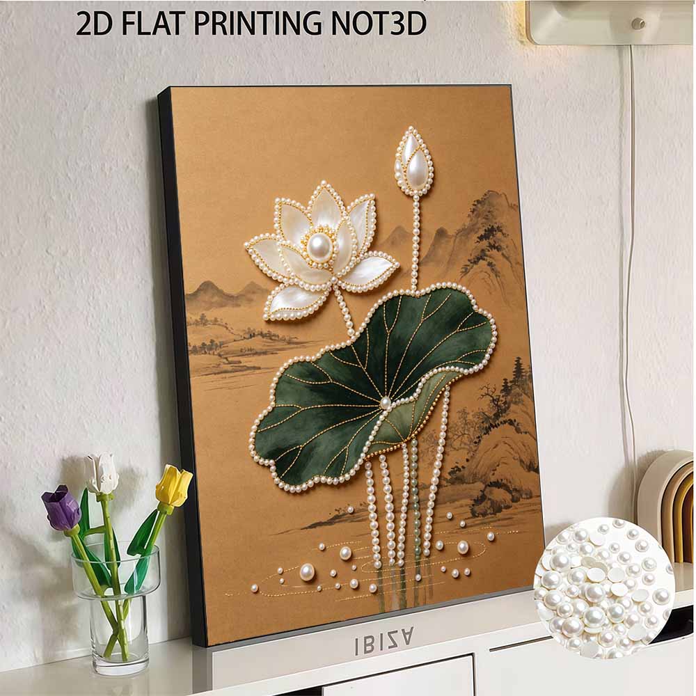 DIY Frameless Pearl Painting Kit Elegant Lotus Flower with Leaf 3D Shiny Bead Art Canvas Relaxing Craft for Adults Home Wall Decor Gift