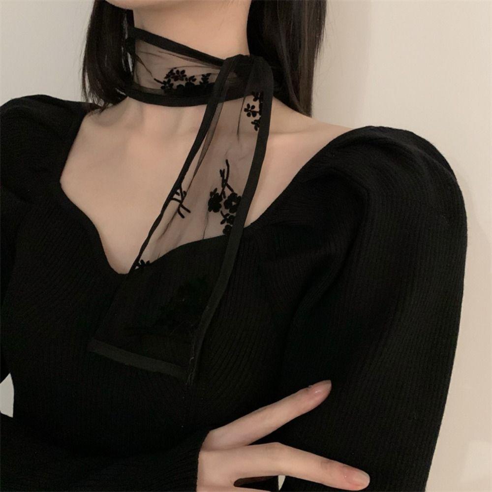 

Women Hair Band Flower Silk Scarf Flocking Scarf Hair Band Temperament Long Scarf Girl C