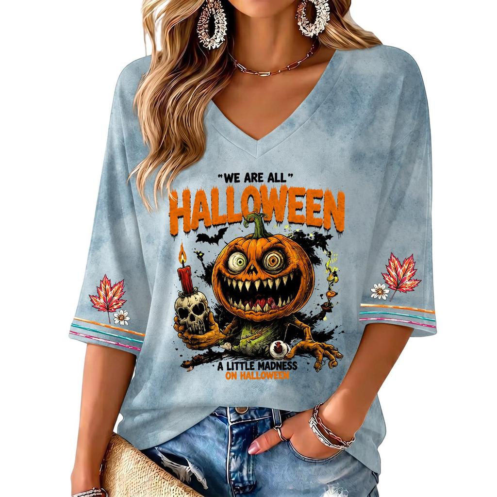 Women's V-Neck Three-Quarter Sleeve Casual Top with Halloween Print