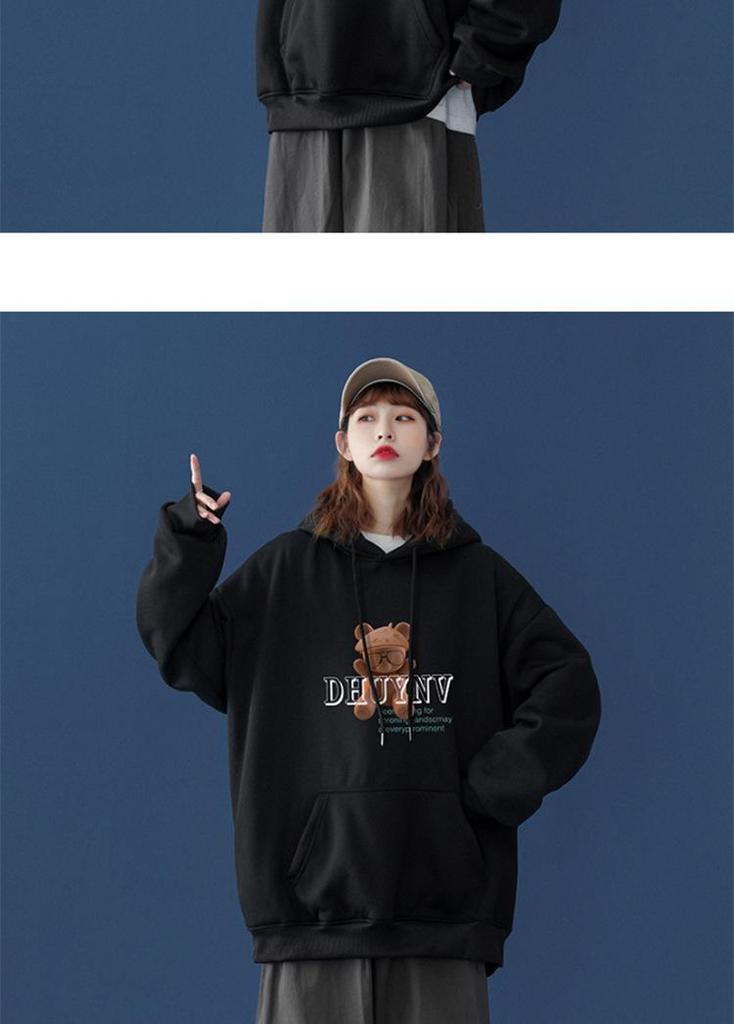 Women's 2026 Winter Printed Velvet Hoodie - Korean Style Loose Fit for Spring and Autumn