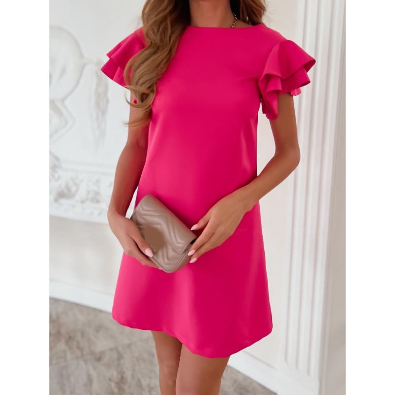 Summer Simple Short Sleeved Fashion Ruffled Dress Women Backless O Neck Solid Color Elegant Casual Simple Loose A-line Party Short Dresses Female