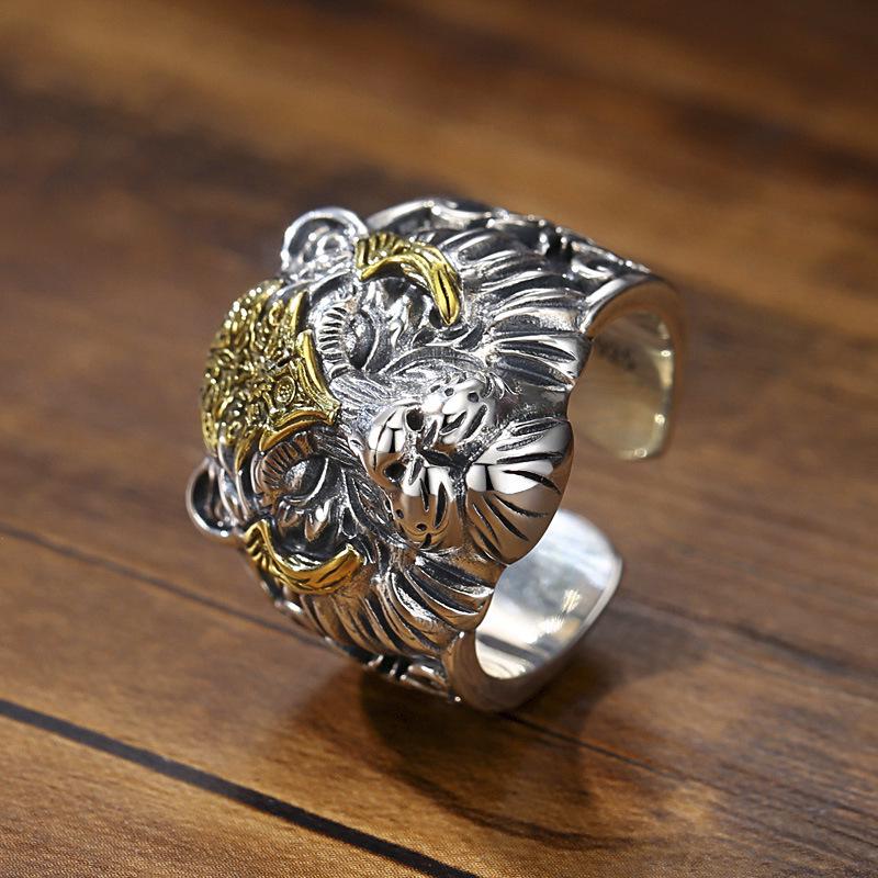 

Men s Trendy Adjustable Retro 925 Sterling Silver Tiger Head Ring - Hip Hop Style, Large Size, Domineering Design.