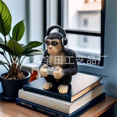Gorilla mit Kopfhörer Harzornament, kreative Gorillapuppe, Haus-, Garten-, Rasenornament