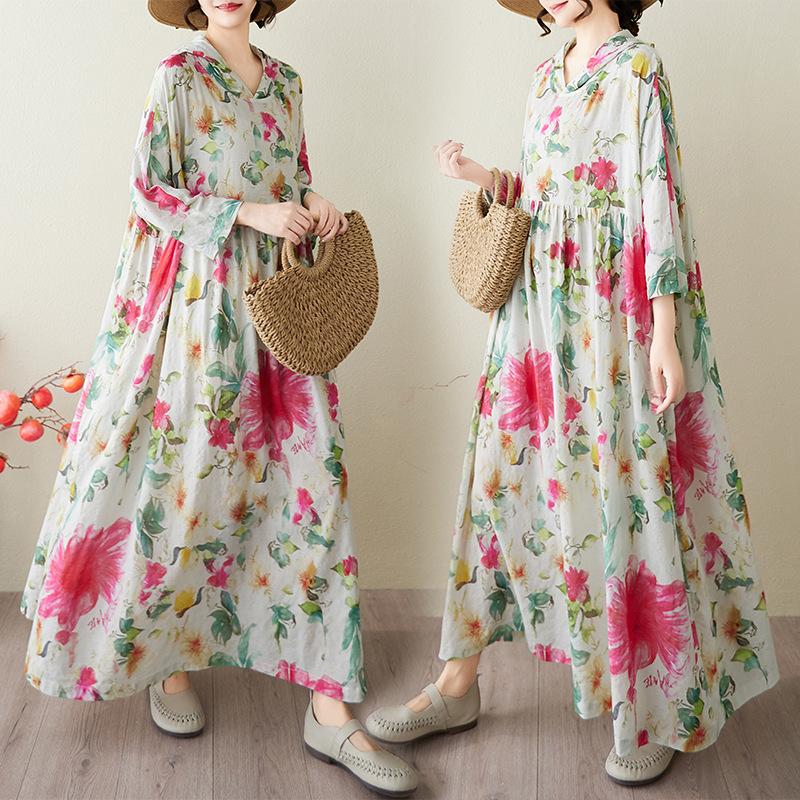 Plus Size Summer Floral Dress Women Hooded Robe Flower Print Loose Vintage Dresses Women's Clothes