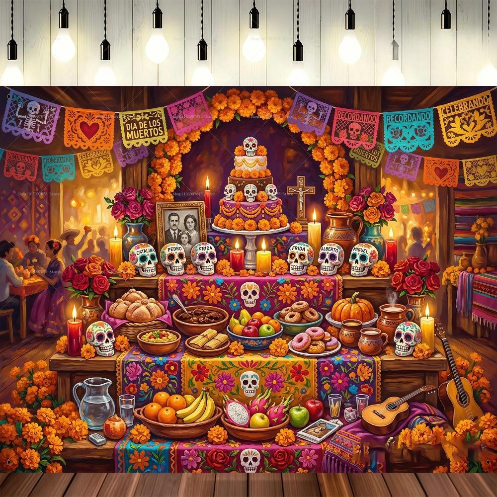 Mexican Day of The Dead Sugar Skull Theme Banner Decoration Background, Day of The Dead Party Decoration Photography Background