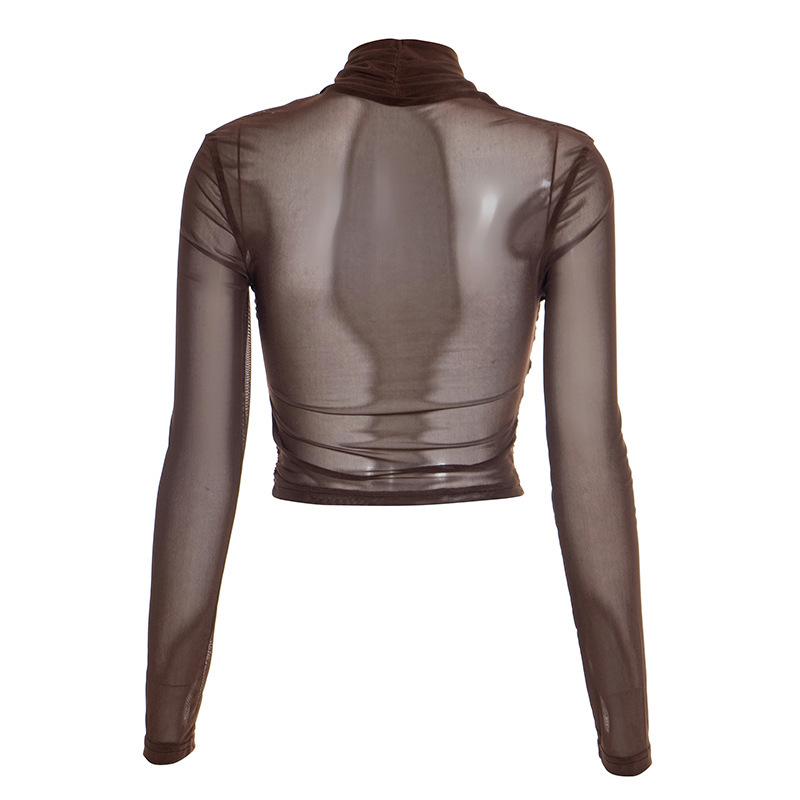 Women's J25TP256 Semi-Transparent Mesh Crossover Long Sleeve Slim Fit Short T-shirt for Summer and Autumn