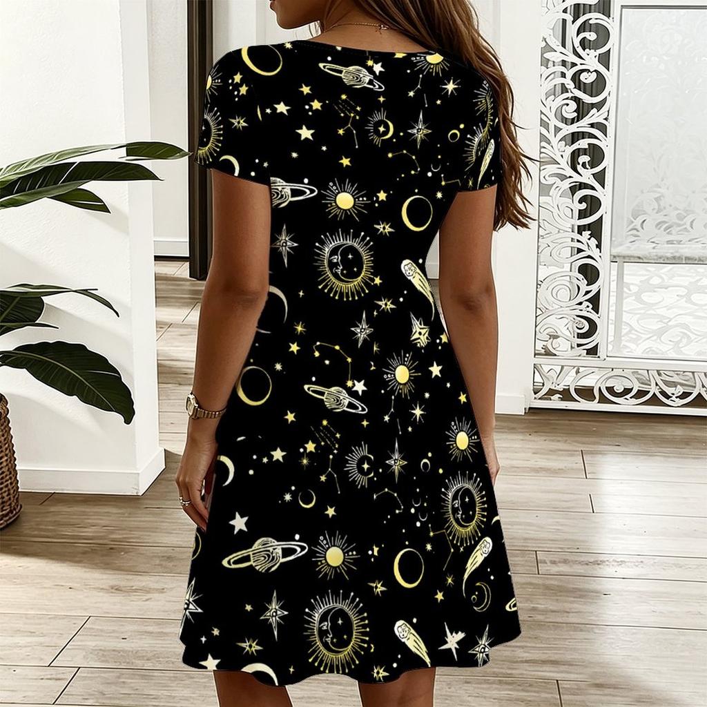Plus Size Ladies V Neck Short Sleeve Dress Abstract Printed Loose Casual Dress For Summer Holiday Outfit