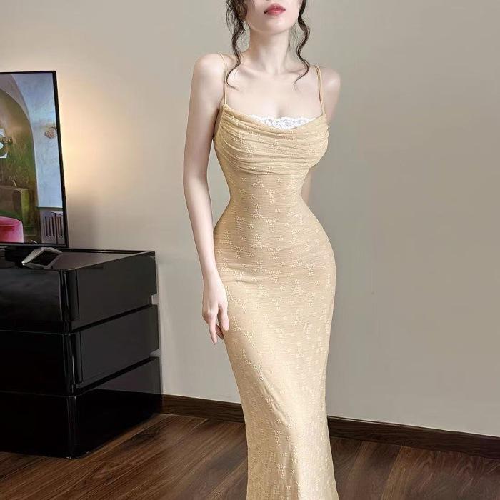 Sexy wind lace color matching splicing suspender slim dress high-end women's summer off-the-shoulder waist hip-wrapped dress
