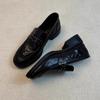 [Armano] Loafers Women's Retro British Style Round Head Rivet Pleated One Pedal Thick Heel Black Small Leather Shoes