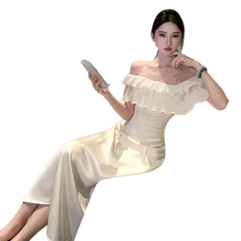 Sexy Satin Tube Top Suspender Dress Temperament Slim Split Ends Hip Wrap High-end Evening Dress Long Dress Women