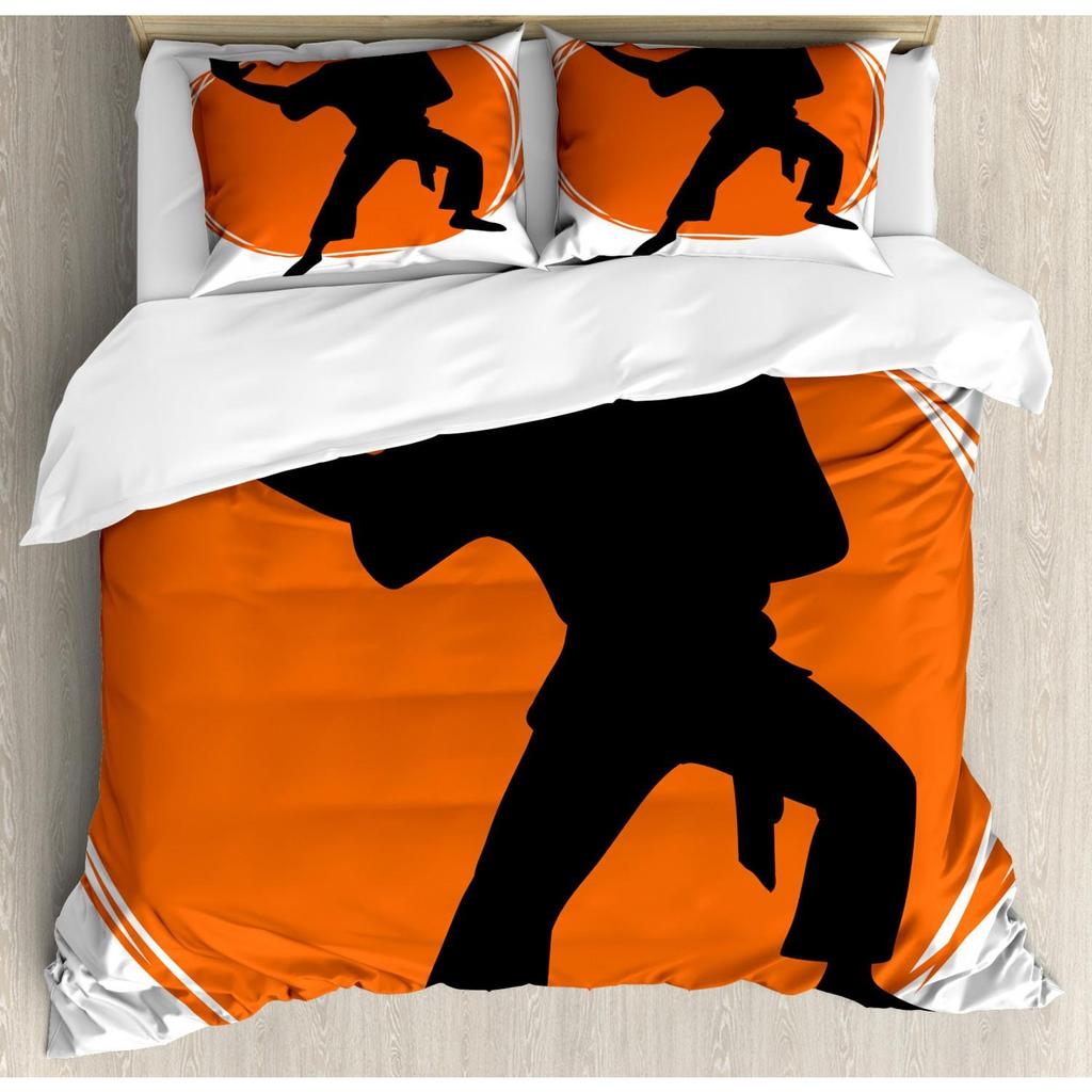 Chinese Kung Fu Polyester Duvet Cover Set Eastern Martial Art Sports Themed Cartoon Warrior In Traditional Clothes For Kids Teen