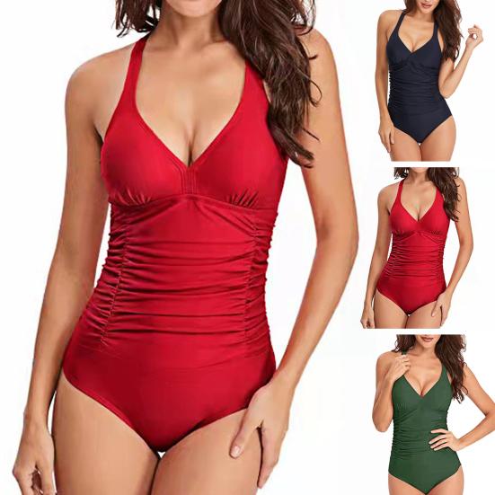 Women Beach Monokini Deep V-Neck One-Piece Swimsuit with Cross-Adjustable Straps Quick-Drying Swimwear