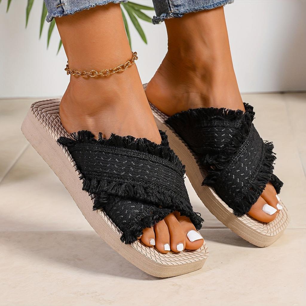 Nowe sandały damskie z off-white sznurowadłami z frędzlami i krzyżującymi się paskami, fajny styl wakacyjny na plażę, modne sandały